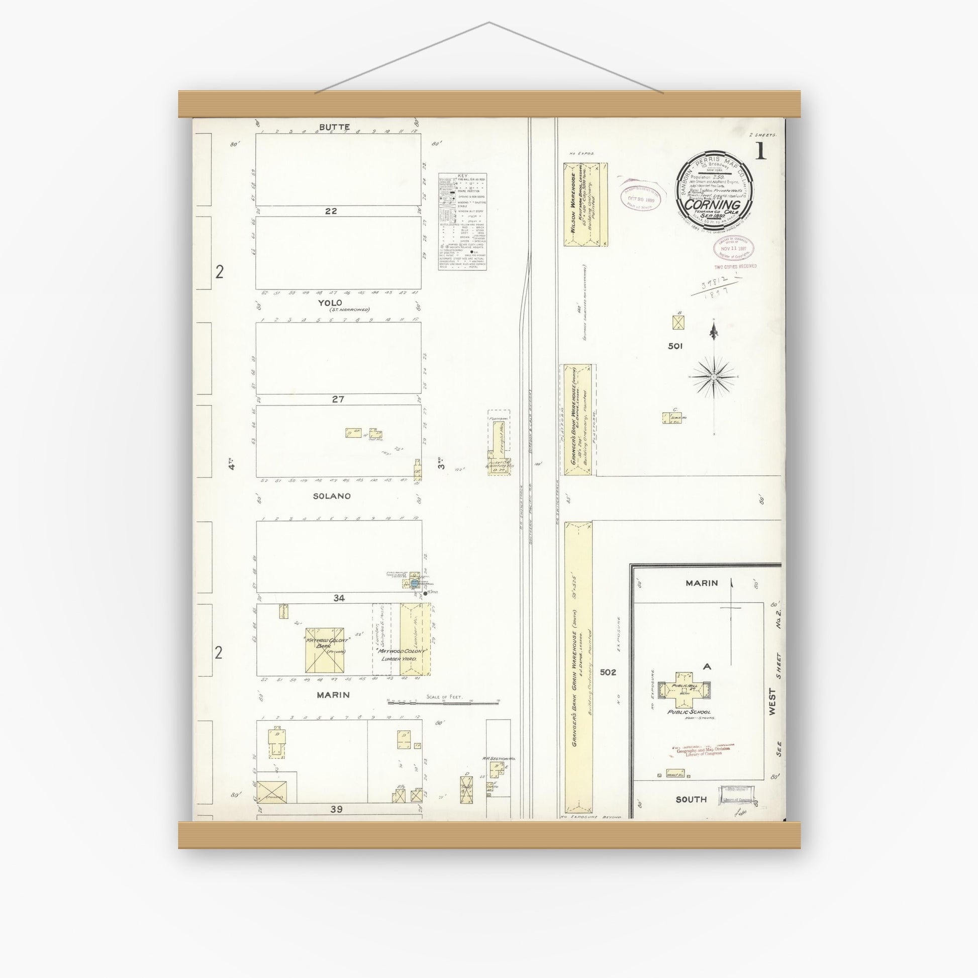Old map wall art mockup — magnetic wood frame on white wall — Sanborn Fire Insurance Map from Corning, Tehama County, California (1897) - Complete Map Set