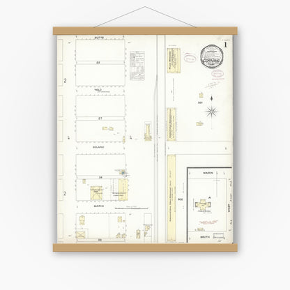 Old map wall art mockup — magnetic wood frame on white wall — Sanborn Fire Insurance Map from Corning, Tehama County, California (1897) - Complete Map Set