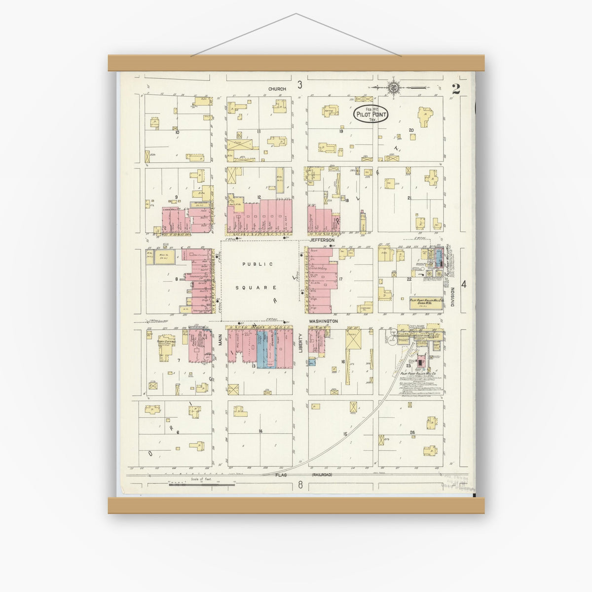 Old map wall art mockup — magnetic wood frame on white wall — Sanborn Fire Insurance Map from Pilot Point, Denton County, Texas (1912), Sheet #0002