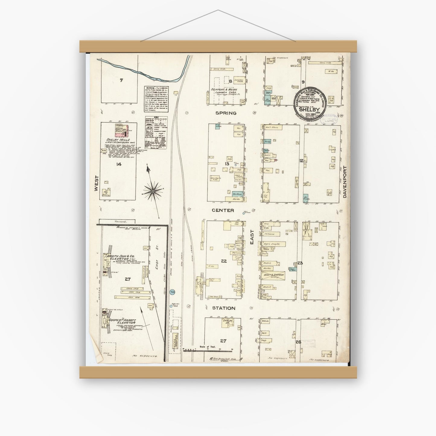 Old map wall art mockup — magnetic wood frame on white wall — Sanborn Fire Insurance Map from Shelby, Shelby County, Iowa (1883), Sheet #0001