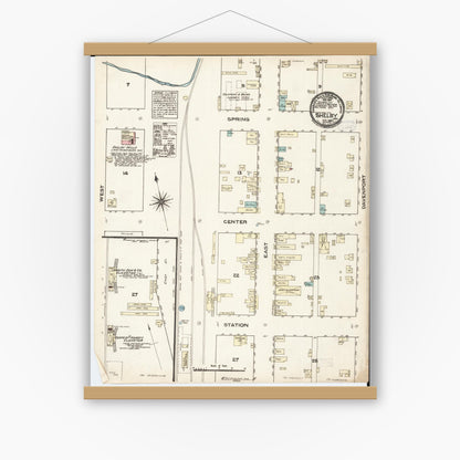 Old map wall art mockup — magnetic wood frame on white wall — Sanborn Fire Insurance Map from Shelby, Shelby County, Iowa (1883), Sheet #0001
