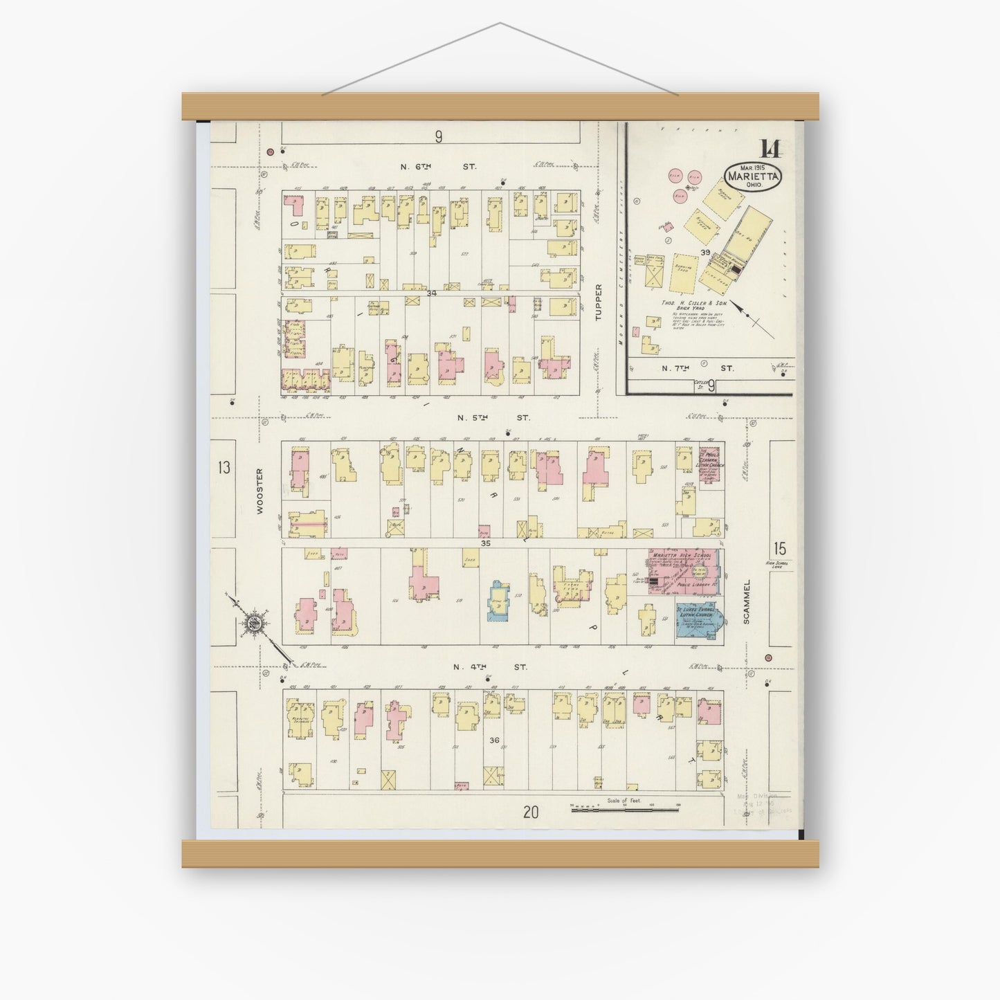 Old map wall art mockup — magnetic wood frame on white wall — Sanborn Fire Insurance Map from Marietta, Washington County, Ohio (1915), Sheet #0014