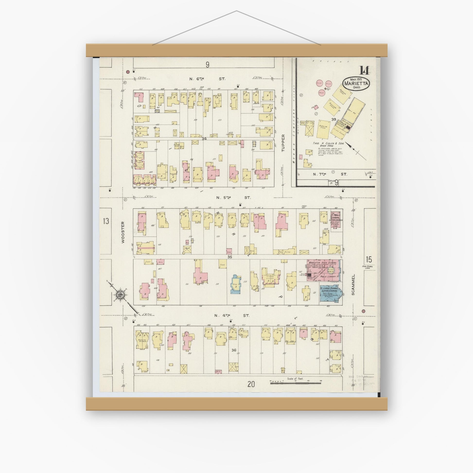 Old map wall art mockup — magnetic wood frame on white wall — Sanborn Fire Insurance Map from Marietta, Washington County, Ohio (1915), Sheet #0014
