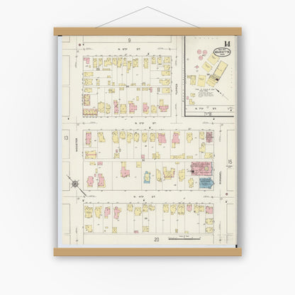 Old map wall art mockup — magnetic wood frame on white wall — Sanborn Fire Insurance Map from Marietta, Washington County, Ohio (1915), Sheet #0014