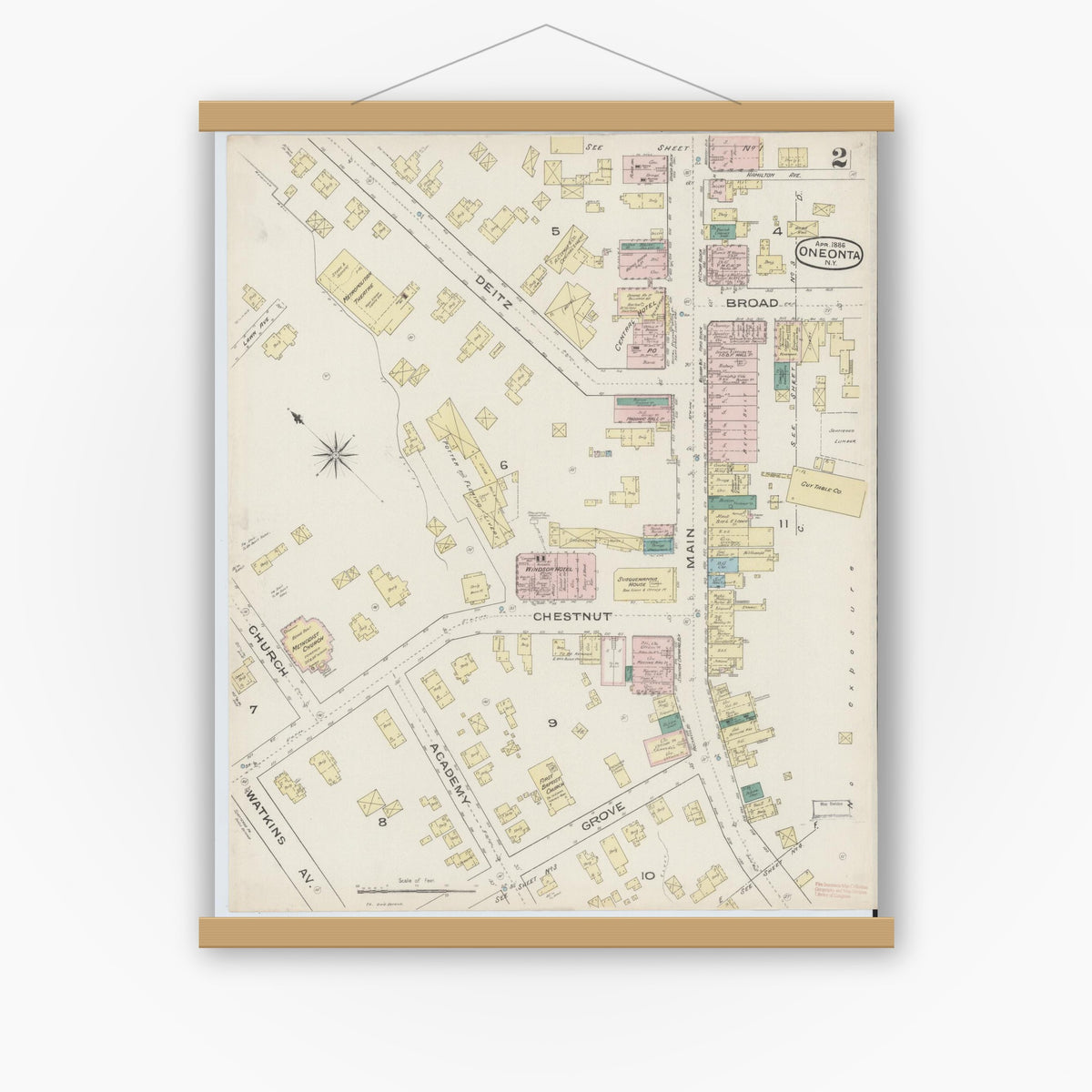 Old map wall art mockup — magnetic wood frame on white wall — Sanborn Fire Insurance Map from Oneonta, Otsego County, New York (1886) - Complete Map Set