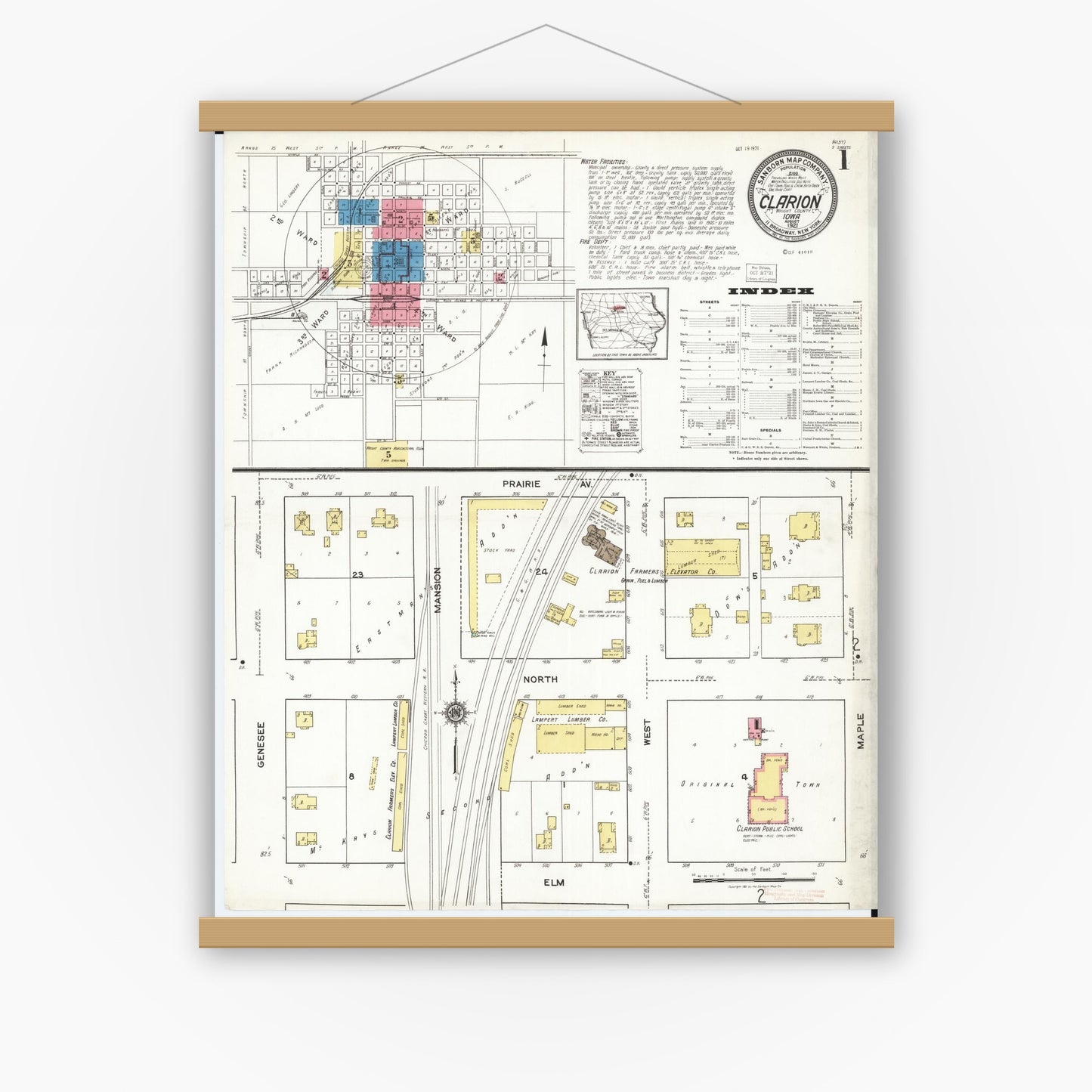 Old map wall art mockup — magnetic wood frame on white wall — Sanborn Fire Insurance Map from Clarion, Wright County, Iowa (1921), Sheet #0001