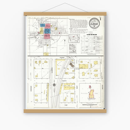 Old map wall art mockup — magnetic wood frame on white wall — Sanborn Fire Insurance Map from Clarion, Wright County, Iowa (1921), Sheet #0001