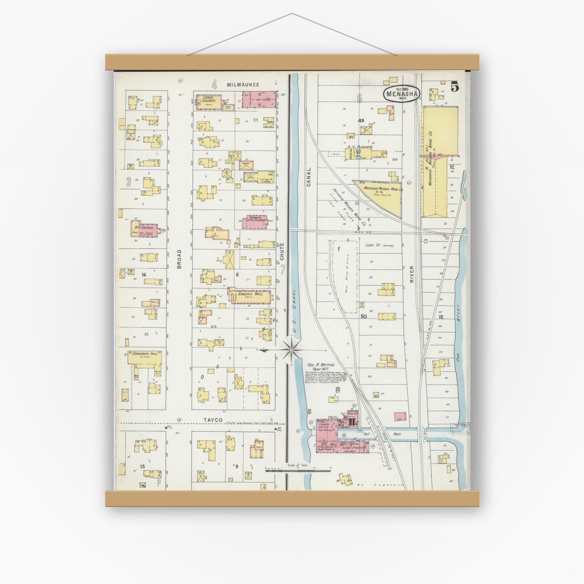 Old map wall art mockup — magnetic wood frame on white wall — Sanborn Fire Insurance Map from Menasha, Winnebago County, Wisconsin (1895), Sheet #0005