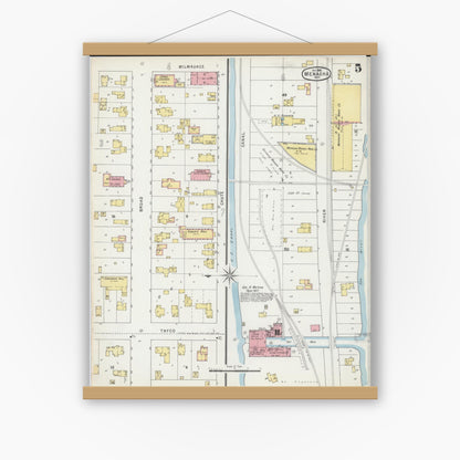 Old map wall art mockup — magnetic wood frame on white wall — Sanborn Fire Insurance Map from Menasha, Winnebago County, Wisconsin (1895), Sheet #0005