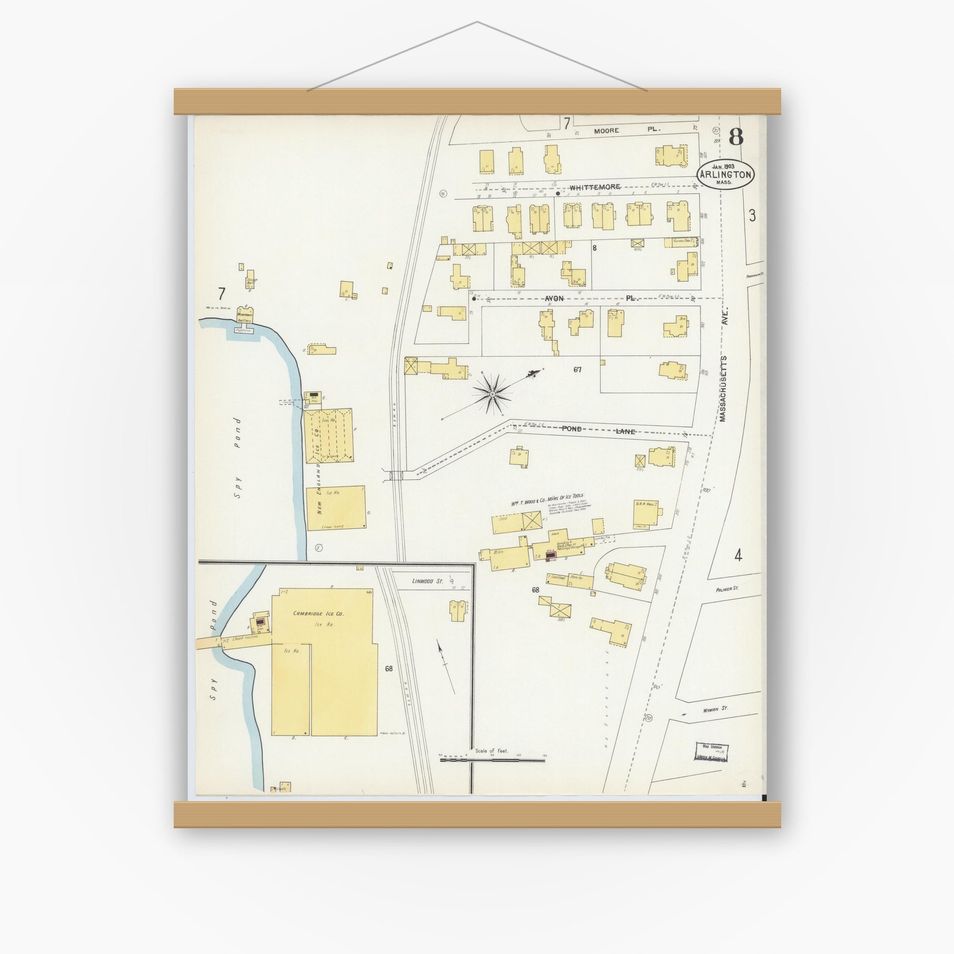 Old map wall art mockup — magnetic wood frame on white wall — Sanborn Fire Insurance Map from Arlington, Middlesex County, Massachusetts (1903), Sheet #0008