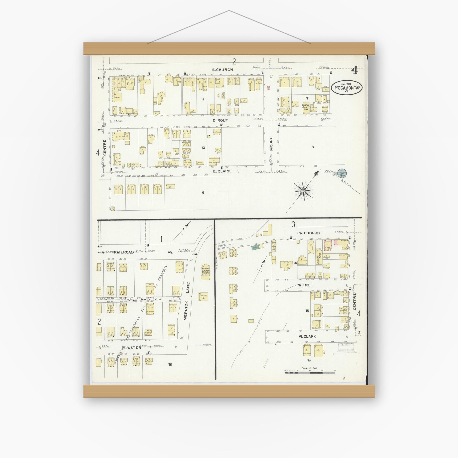 Old map wall art mockup — magnetic wood frame on white wall — Sanborn Fire Insurance Map from Pocahontas, Tazewell County, Virginia (1908), Sheet #0004