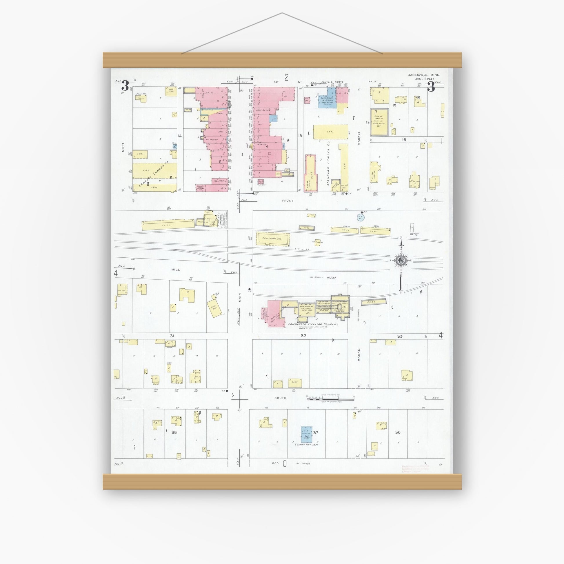 Old map wall art mockup — magnetic wood frame on white wall — Sanborn Fire Insurance Map from Janesville, Waseca County, Minnesota (1947), Sheet #0003