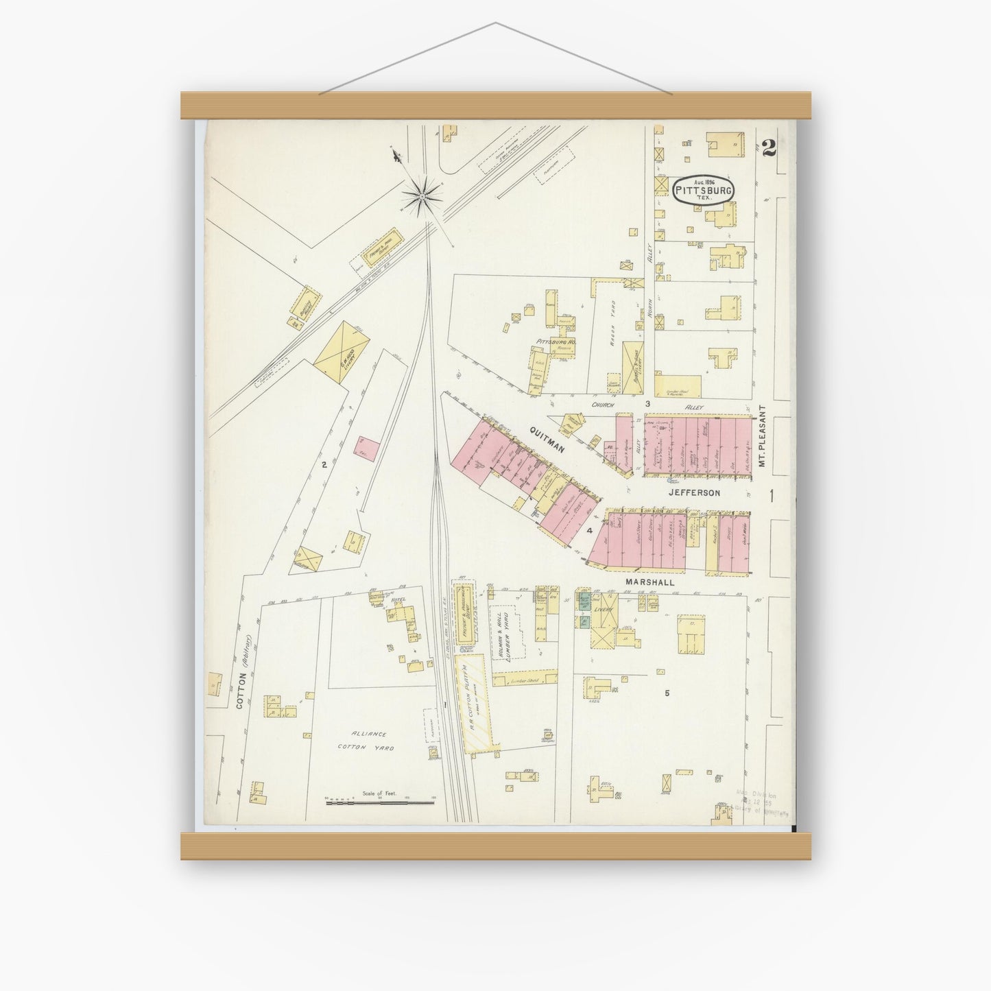 Old map wall art mockup — magnetic wood frame on white wall — Sanborn Fire Insurance Map from Pittsburg, Camp County, Texas (1896), Sheet #0002
