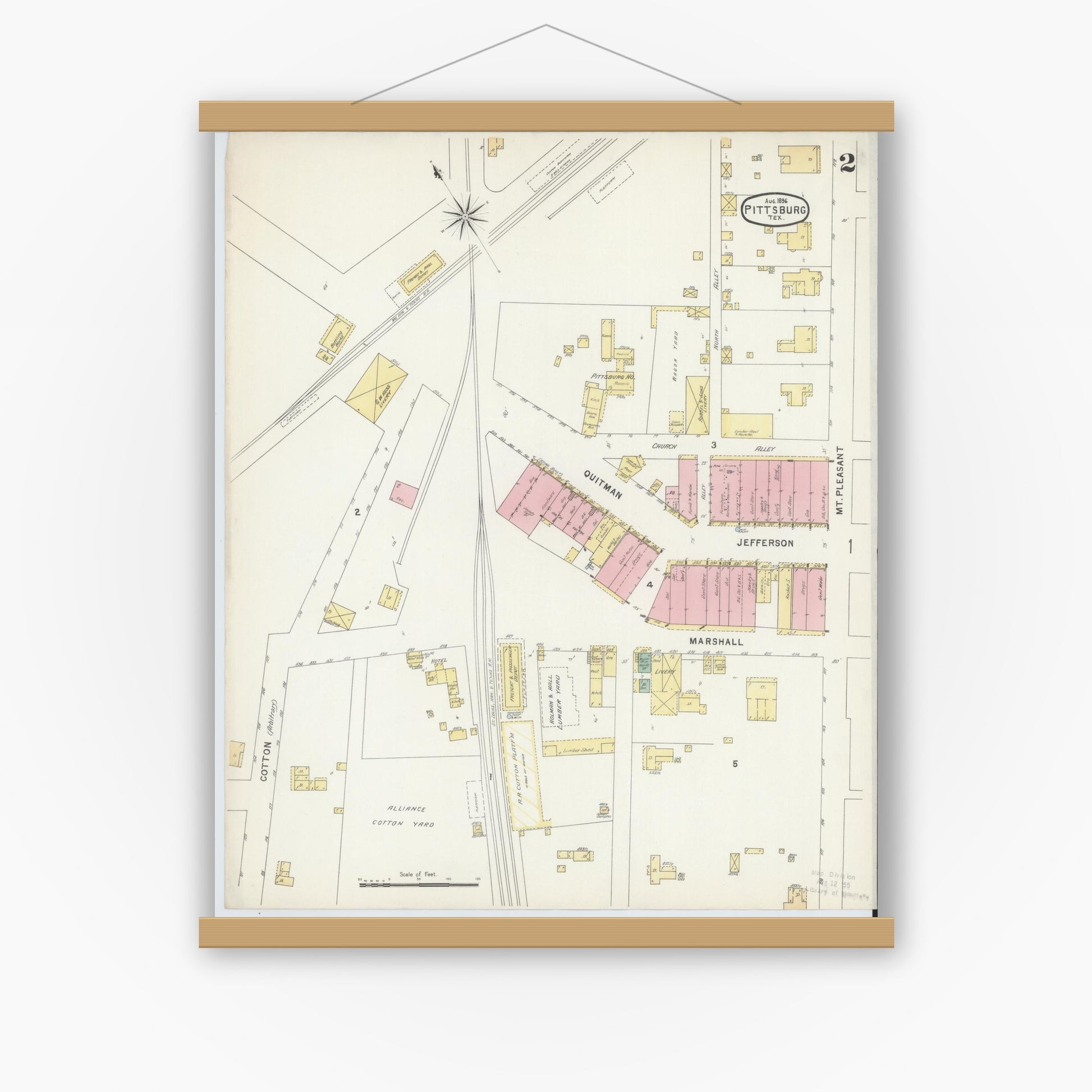 Old map wall art mockup — magnetic wood frame on white wall — Sanborn Fire Insurance Map from Pittsburg, Camp County, Texas (1896), Sheet #0002