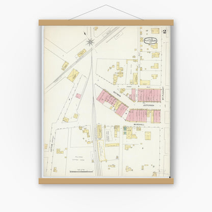 Old map wall art mockup — magnetic wood frame on white wall — Sanborn Fire Insurance Map from Pittsburg, Camp County, Texas (1896), Sheet #0002