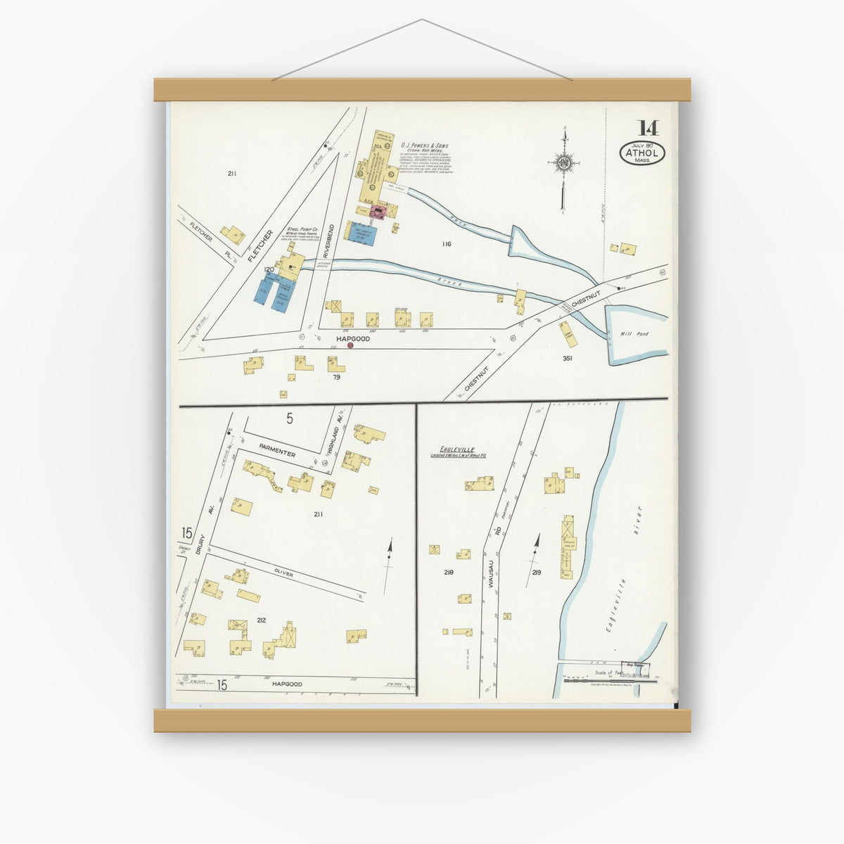 Old map wall art mockup — magnetic wood frame on white wall — Sanborn Fire Insurance Map from Athol, Worcester County, Massachusetts (1917), Sheet #0014
