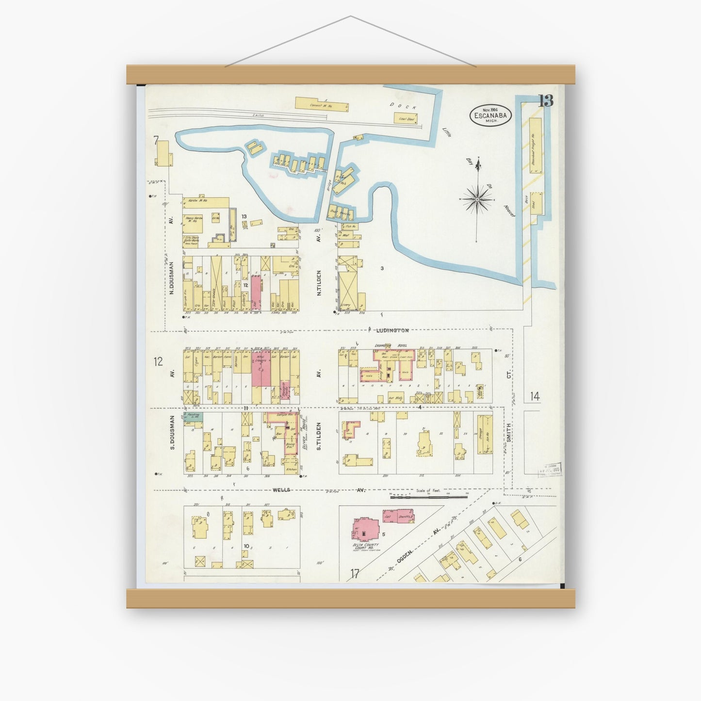 Old map wall art mockup — magnetic wood frame on white wall — Sanborn Fire Insurance Map from Escanaba, Delta County, Michigan (1906), Sheet #0013
