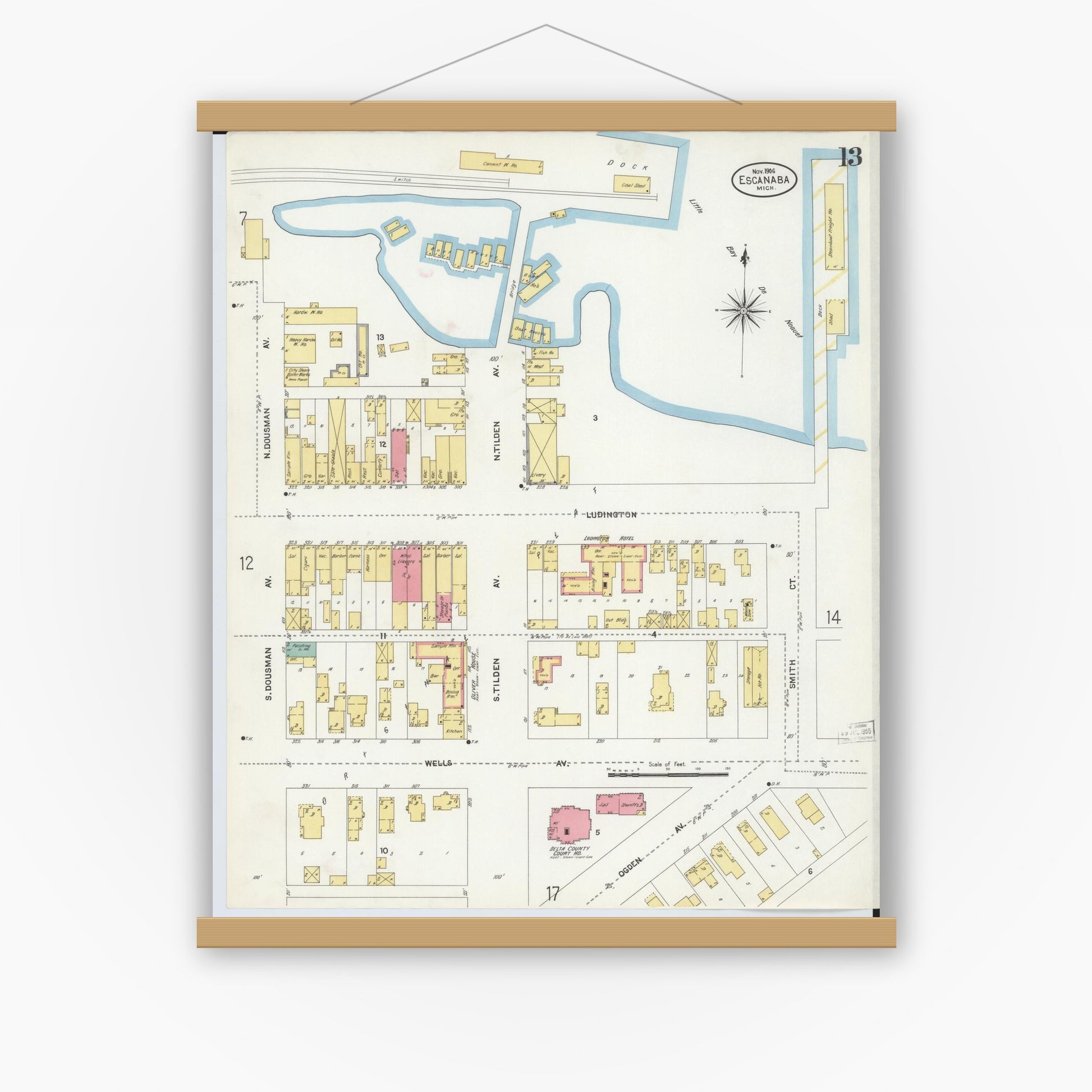 Old map wall art mockup — magnetic wood frame on white wall — Sanborn Fire Insurance Map from Escanaba, Delta County, Michigan (1906), Sheet #0013
