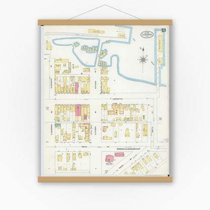 Old map wall art mockup — magnetic wood frame on white wall — Sanborn Fire Insurance Map from Escanaba, Delta County, Michigan (1906), Sheet #0013