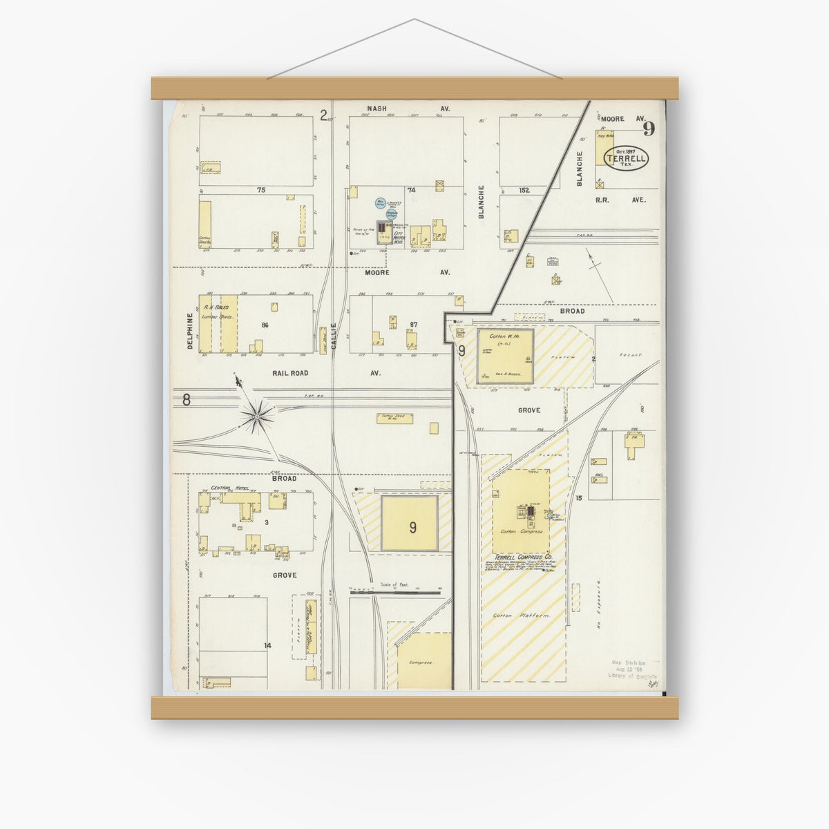 Old map wall art mockup — magnetic wood frame on white wall — Sanborn Fire Insurance Map from Terrell, Kaufman County, Texas (1897), Sheet #0009