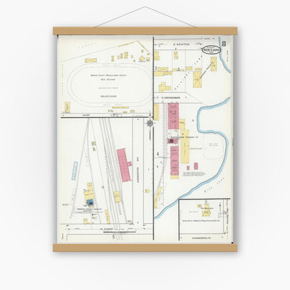Old map wall art mockup — magnetic wood frame on white wall — Sanborn Fire Insurance Map from Rice Lake, Barron County, Wisconsin (1917), Sheet #0008