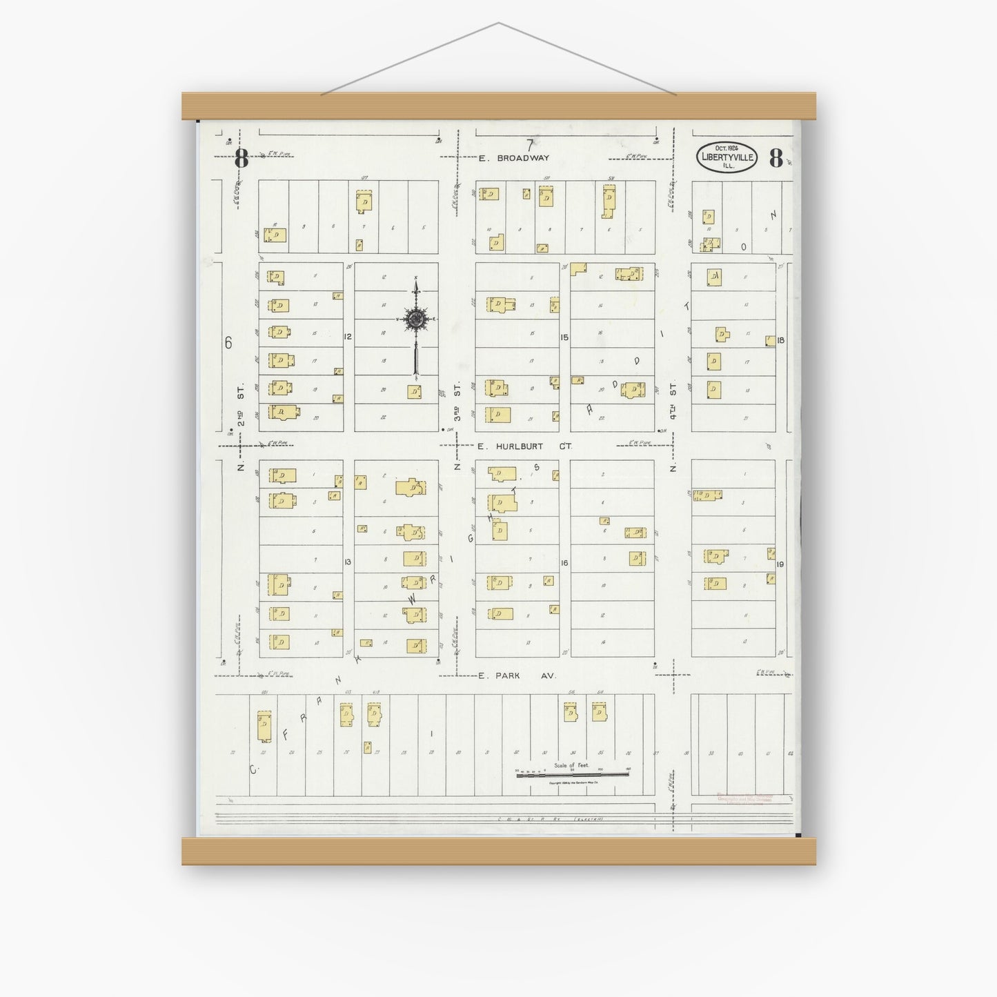 Old map wall art mockup — magnetic wood frame on white wall — Sanborn Fire Insurance Map from Libertyville, Lake County, Illinois (1924), Sheet #0008