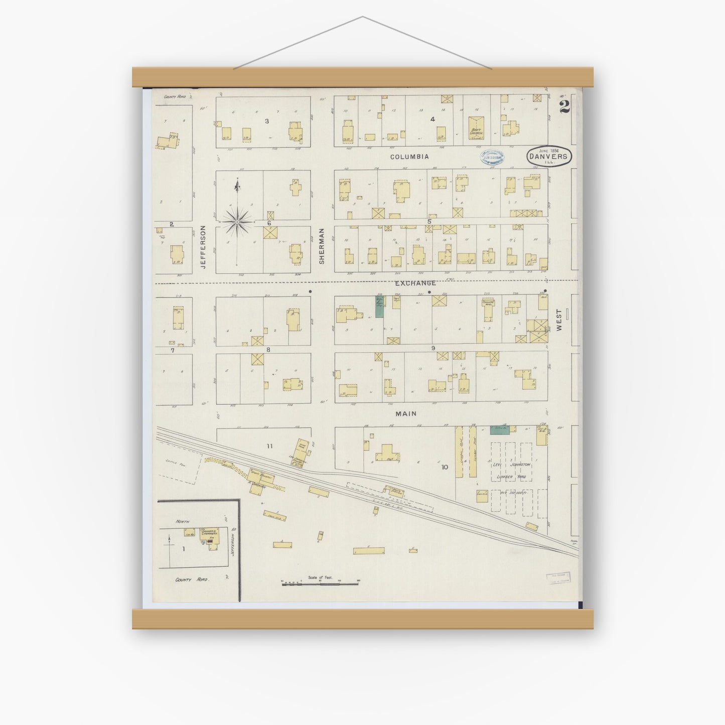 Old map wall art mockup — magnetic wood frame on white wall — Sanborn Fire Insurance Map from Danvers, McLean County, Illinois (1894), Sheet #0002