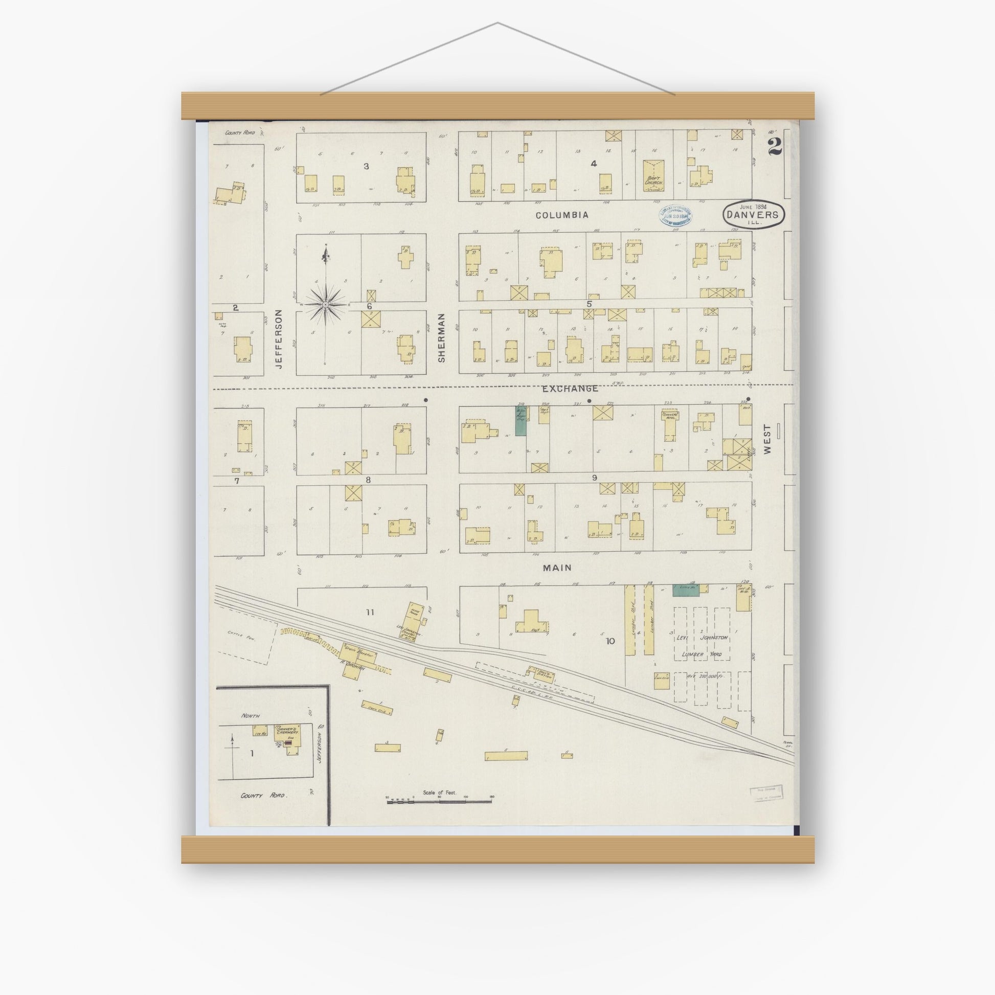Old map wall art mockup — magnetic wood frame on white wall — Sanborn Fire Insurance Map from Danvers, McLean County, Illinois (1894), Sheet #0002