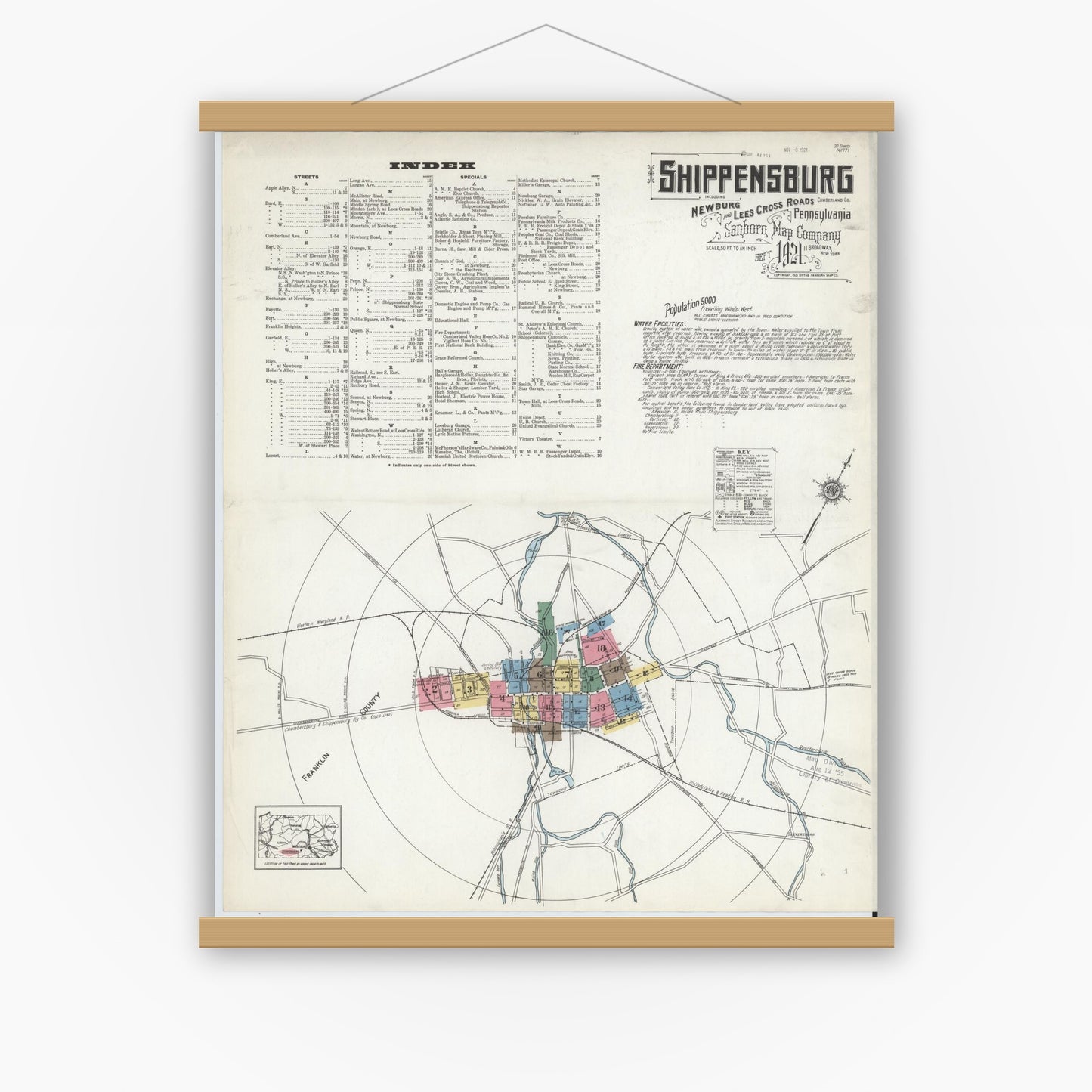 Old map wall art mockup — magnetic wood frame on white wall — Sanborn Fire Insurance Map from Shippensburg, Cumberland And Franklin Counties, Pennsylvania (1921) - Complete Map Set