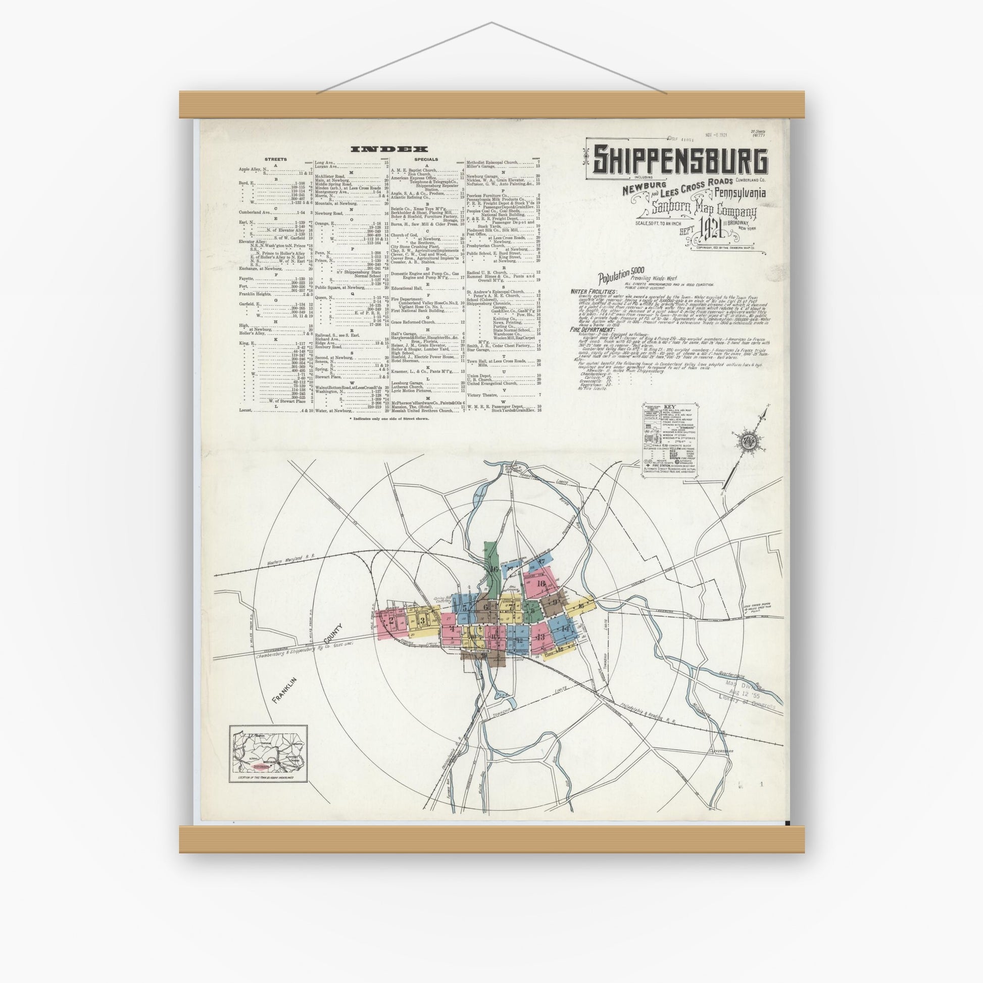 Old map wall art mockup — magnetic wood frame on white wall — Sanborn Fire Insurance Map from Shippensburg, Cumberland And Franklin Counties, Pennsylvania (1921) - Complete Map Set
