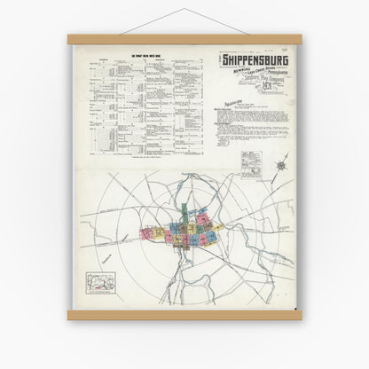 Old map wall art mockup — magnetic wood frame on white wall — Sanborn Fire Insurance Map from Shippensburg, Cumberland And Franklin Counties, Pennsylvania (1921) - Complete Map Set