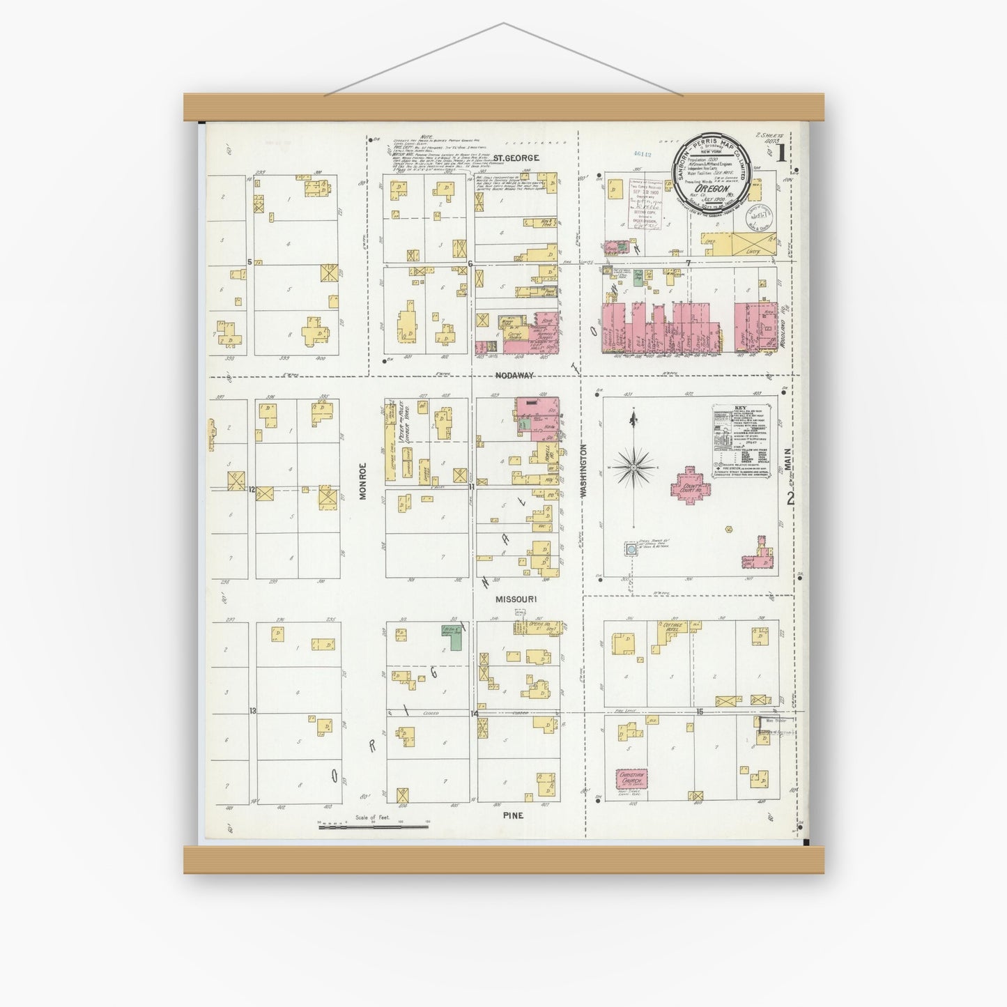 Old map wall art mockup — magnetic wood frame on white wall — Sanborn Fire Insurance Map from Oregon, Holt County, Missouri (1900), Sheet #0001