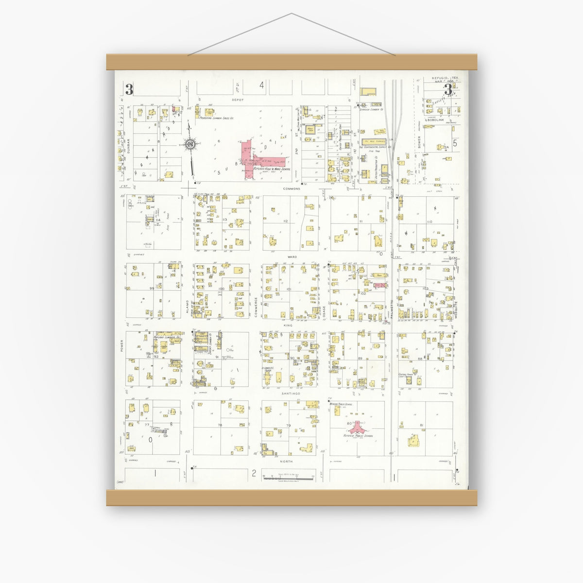 Old map wall art mockup — magnetic wood frame on white wall — Sanborn Fire Insurance Map from Refugio, Refugio County, Texas (1935), Sheet #0003