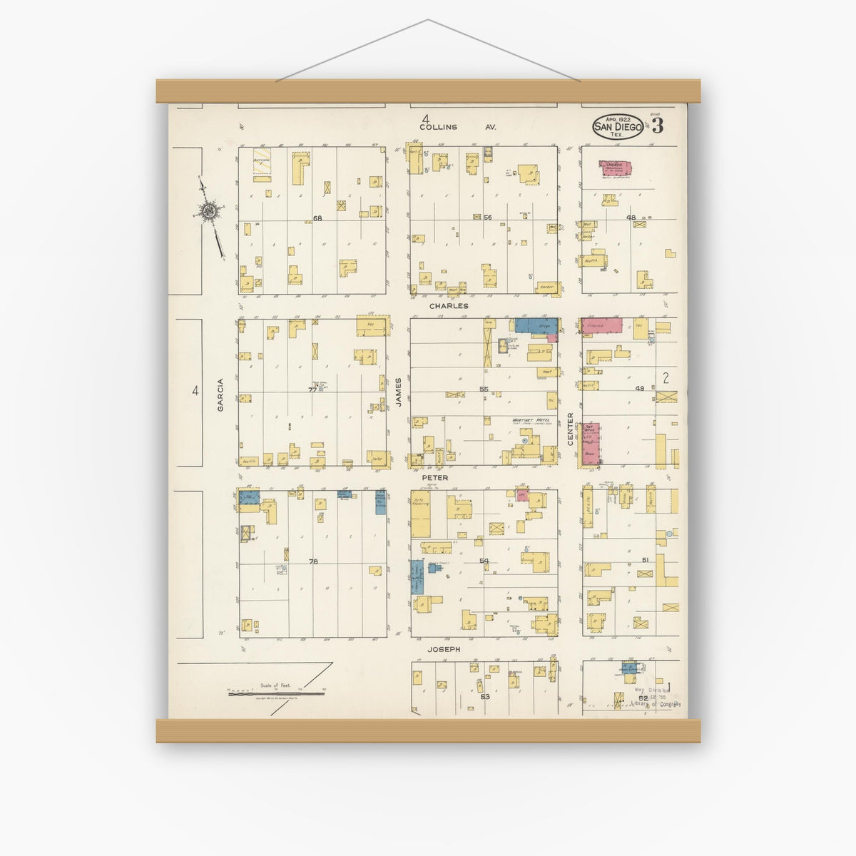 Old map wall art mockup — magnetic wood frame on white wall — Sanborn Fire Insurance Map from San Diego, Duval And Jim Wells Counties, Texas (1922), Sheet #0003