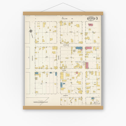 Old map wall art mockup — magnetic wood frame on white wall — Sanborn Fire Insurance Map from San Diego, Duval And Jim Wells Counties, Texas (1922), Sheet #0003