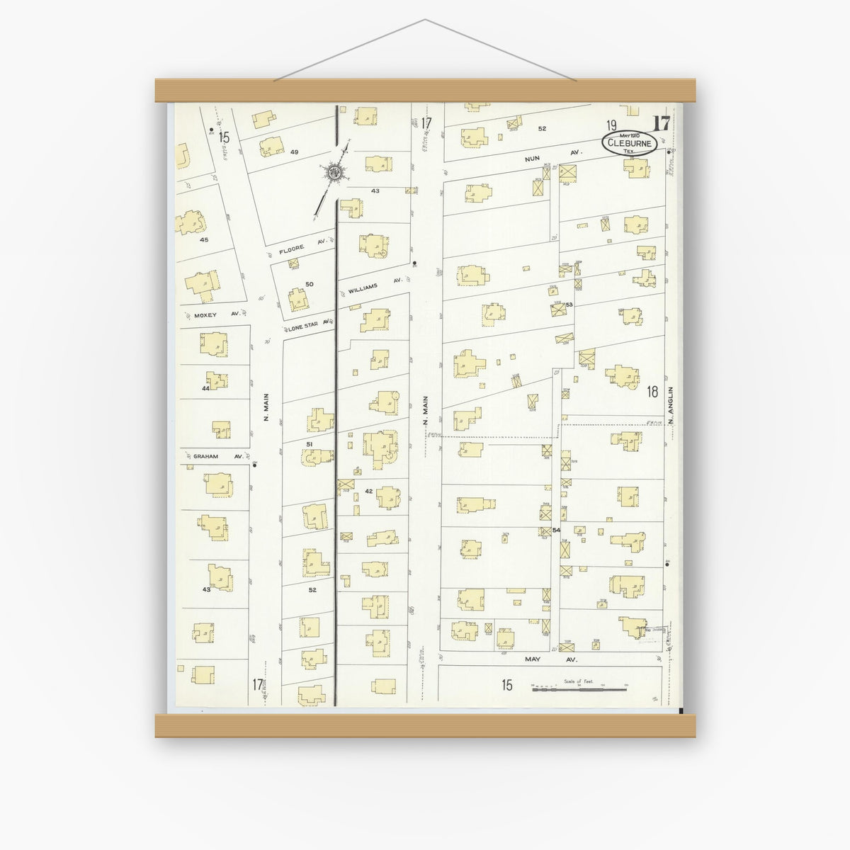 Old map wall art mockup — magnetic wood frame on white wall — Sanborn Fire Insurance Map from Cleburne, Johnson County, Texas (1910), Sheet #0017