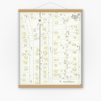 Old map wall art mockup — magnetic wood frame on white wall — Sanborn Fire Insurance Map from Cleburne, Johnson County, Texas (1910), Sheet #0017
