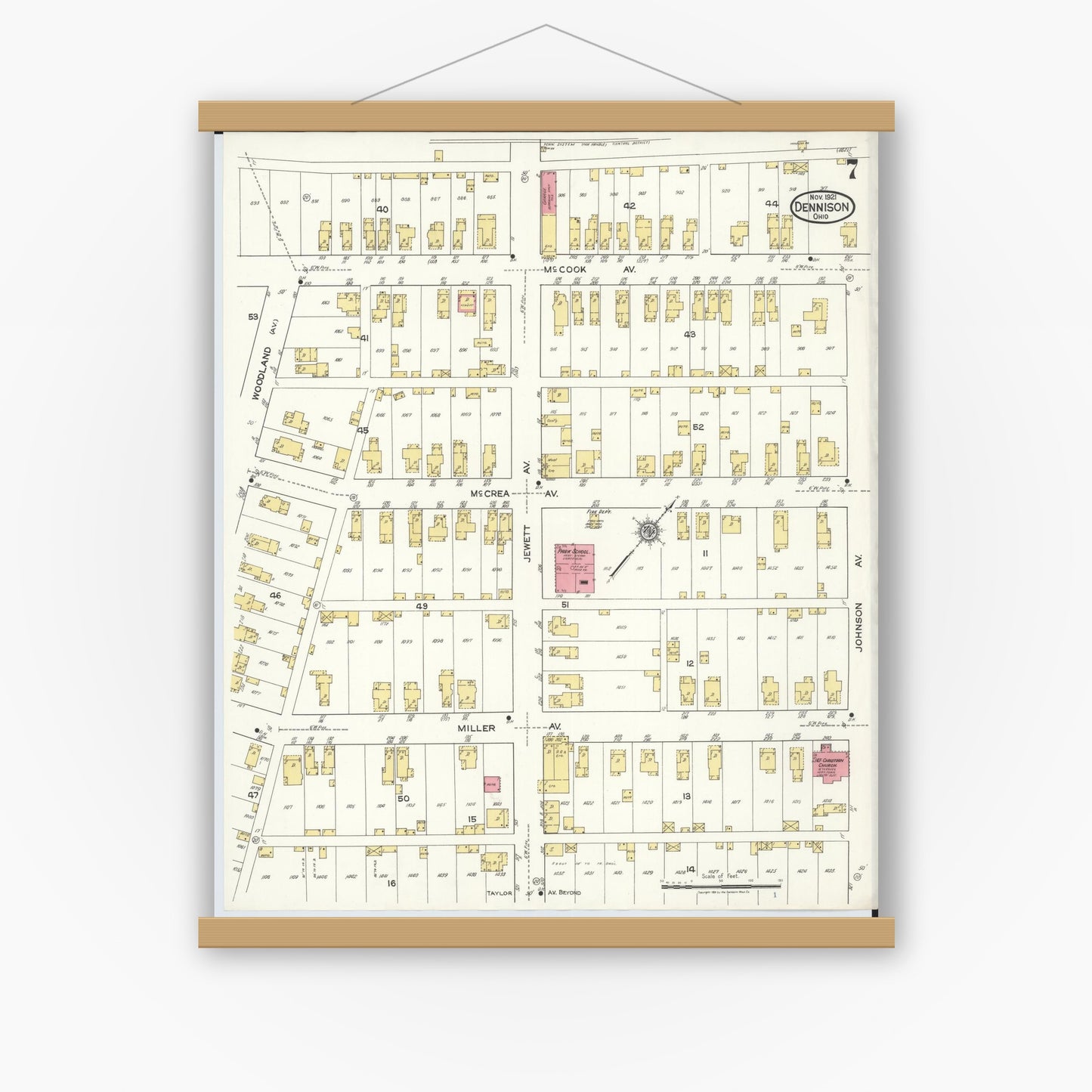 Old map wall art mockup — magnetic wood frame on white wall — Sanborn Fire Insurance Map from Dennison, Tuscarawas County, Ohio (1921), Sheet #0007
