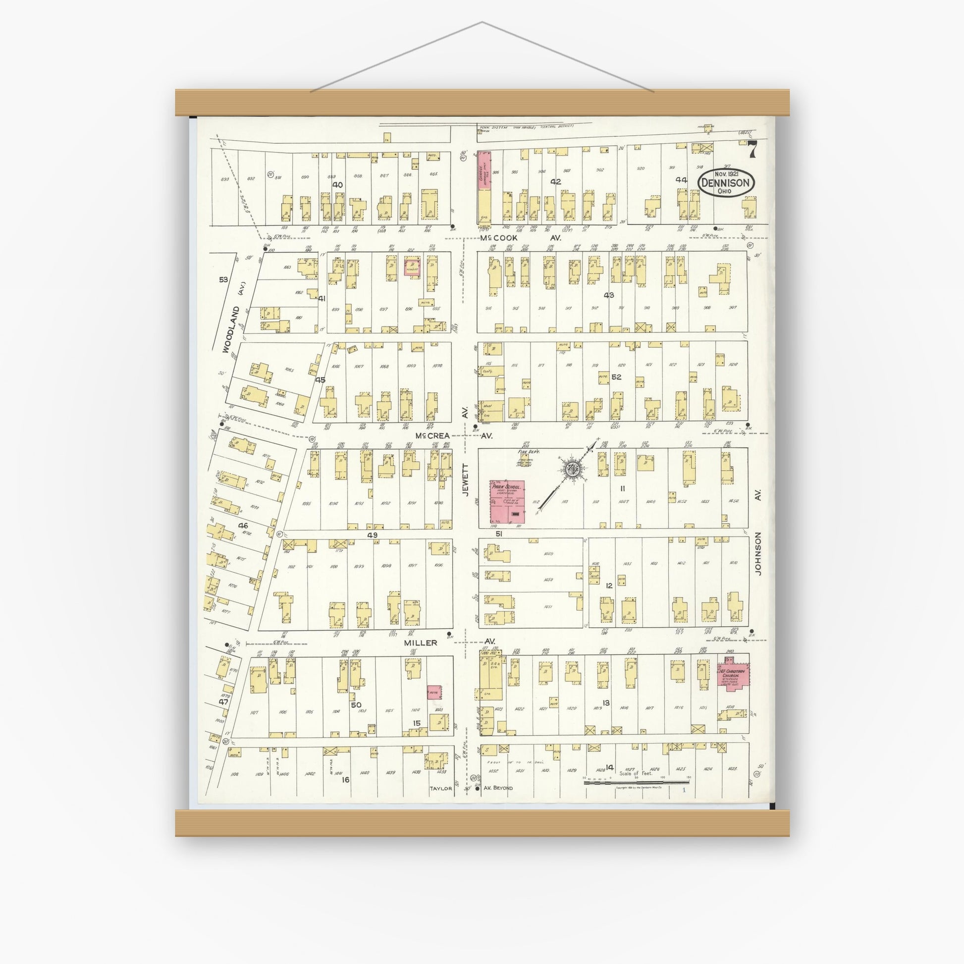 Old map wall art mockup — magnetic wood frame on white wall — Sanborn Fire Insurance Map from Dennison, Tuscarawas County, Ohio (1921), Sheet #0007