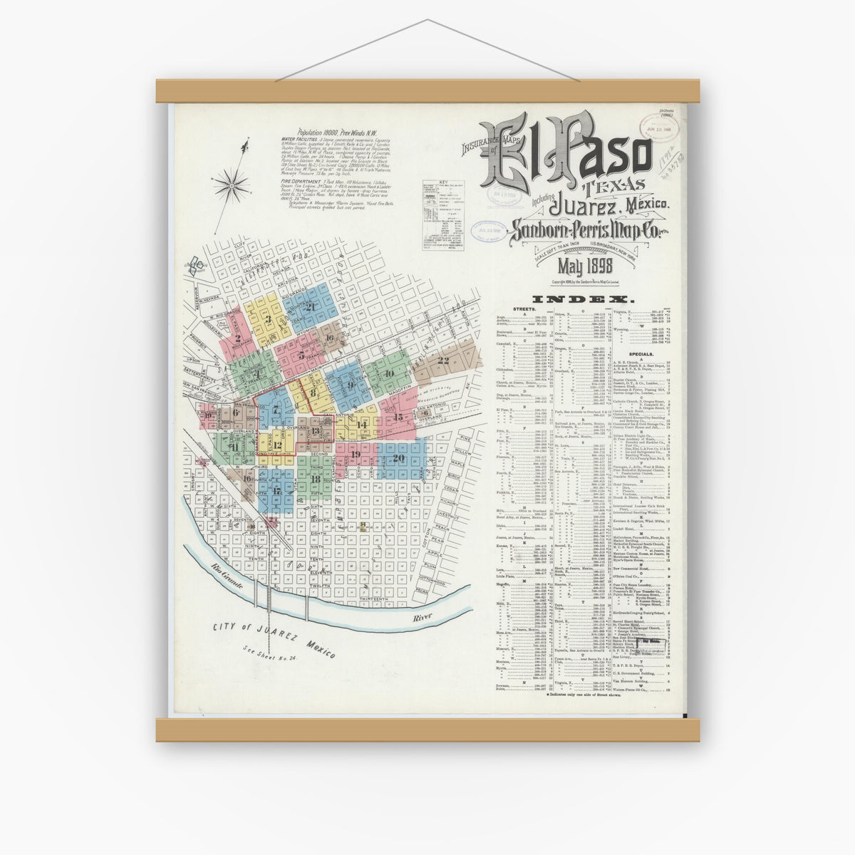 Old map wall art mockup — magnetic wood frame on white wall — Sanborn Fire Insurance Map from El Paso, El Paso County, Texas (1898), Sheet #0001