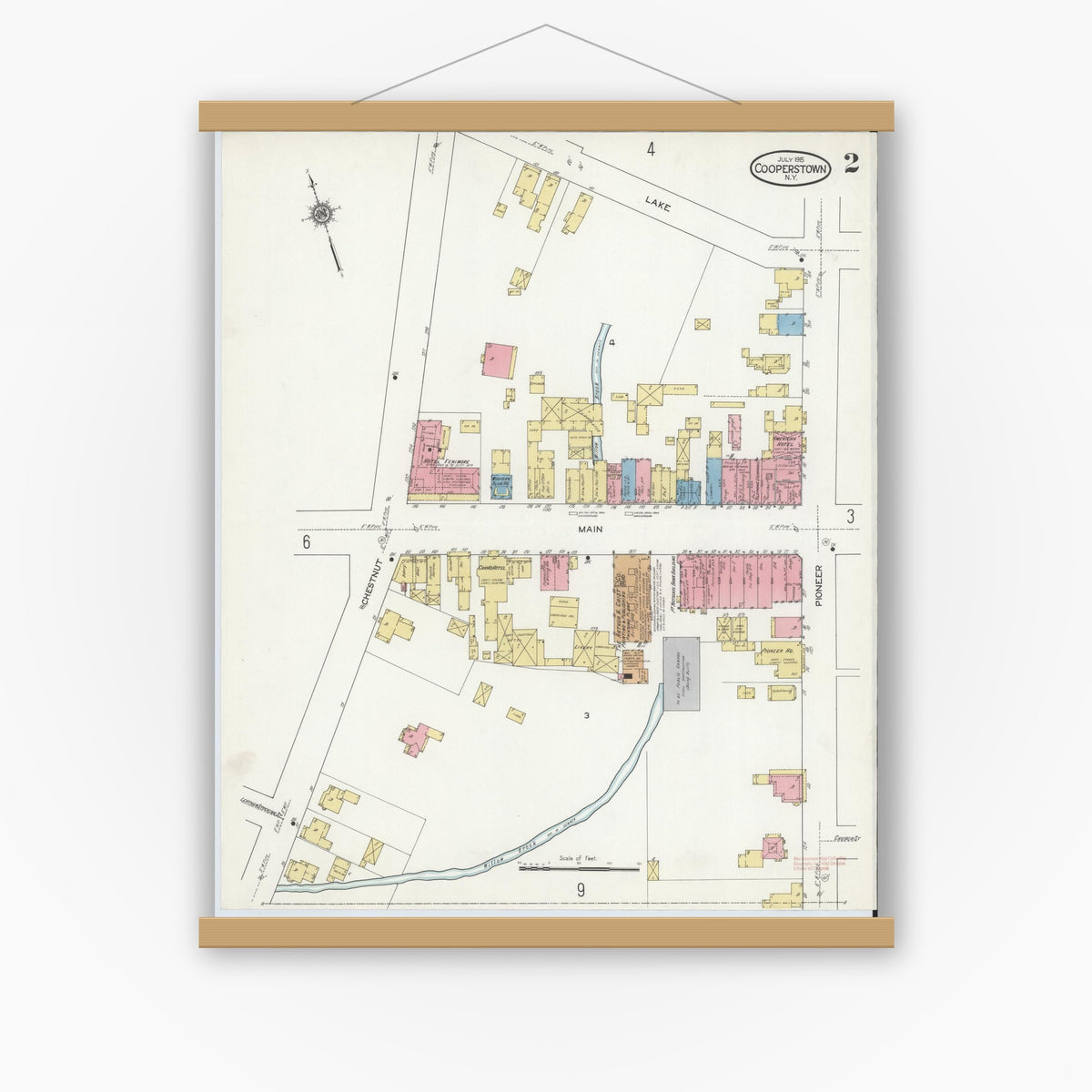 Old map wall art mockup — magnetic wood frame on white wall — Sanborn Fire Insurance Map from Cooperstown, Otsego County, New York (1915) - Complete Map Set