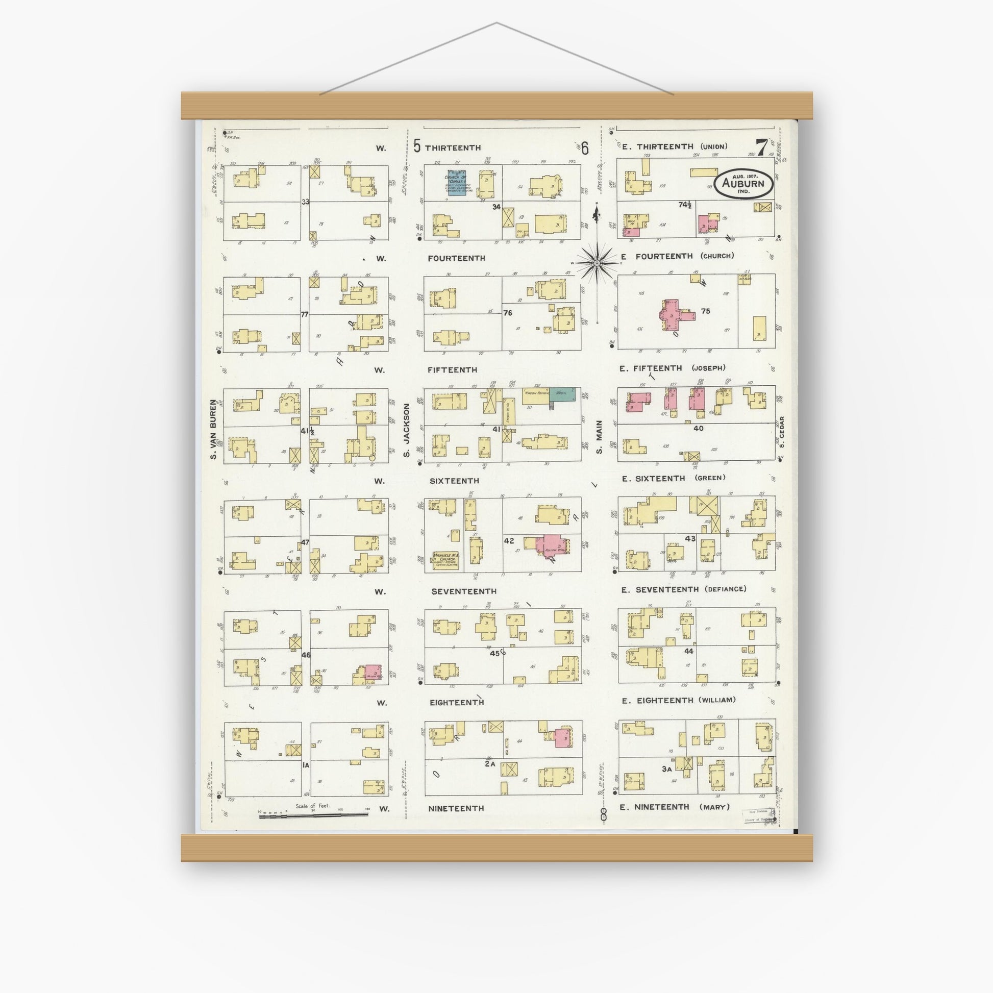 Old map wall art mockup — magnetic wood frame on white wall — Sanborn Fire Insurance Map from Auburn, De Kalb County, Indiana (1907), Sheet #0007