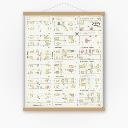 Old map wall art mockup — magnetic wood frame on white wall — Sanborn Fire Insurance Map from Auburn, De Kalb County, Indiana (1907), Sheet #0007