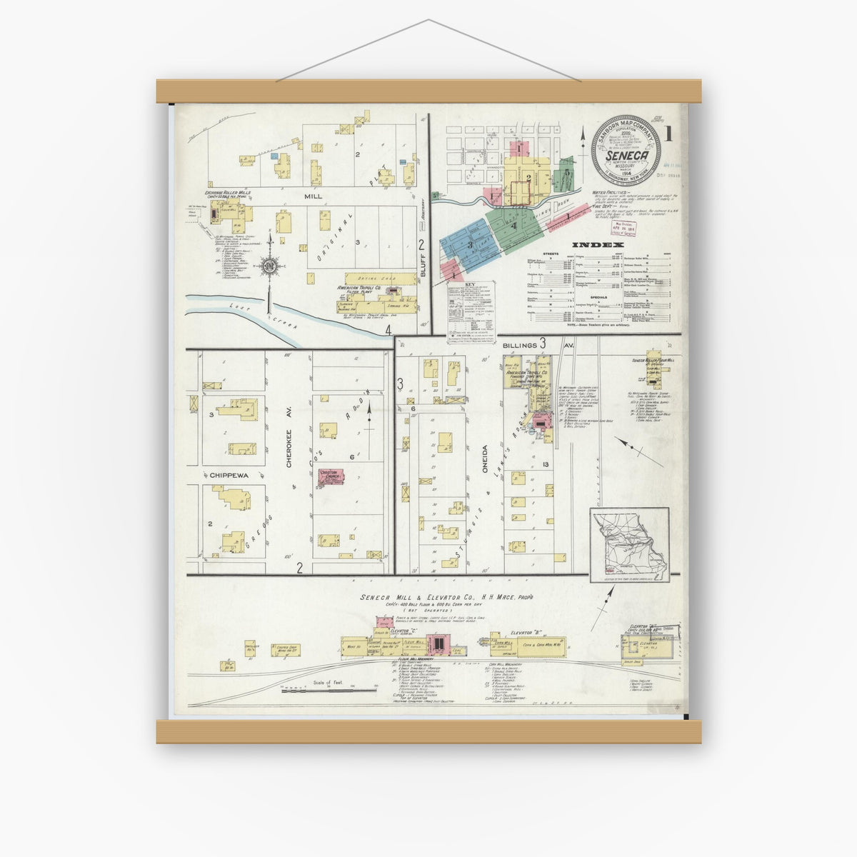 Old map wall art mockup — magnetic wood frame on white wall — Sanborn Fire Insurance Map from Seneca, Newton County, Missouri (1914) - Complete Map Set