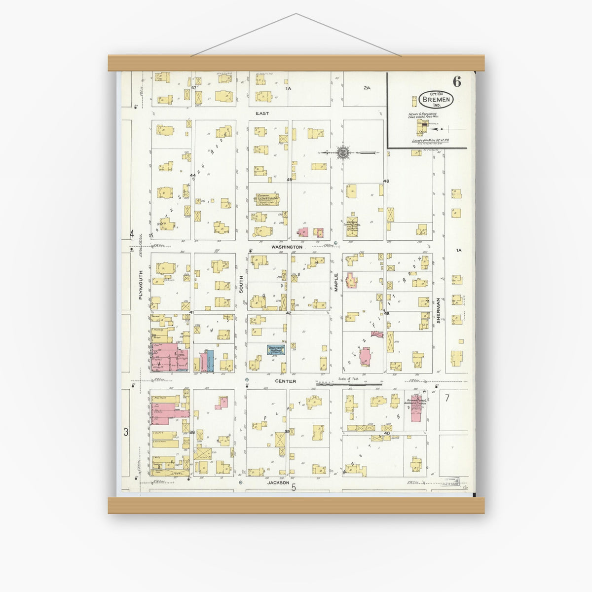Old map wall art mockup — magnetic wood frame on white wall — Sanborn Fire Insurance Map from Bremen, Marshall County, Indiana (1910), Sheet #0006