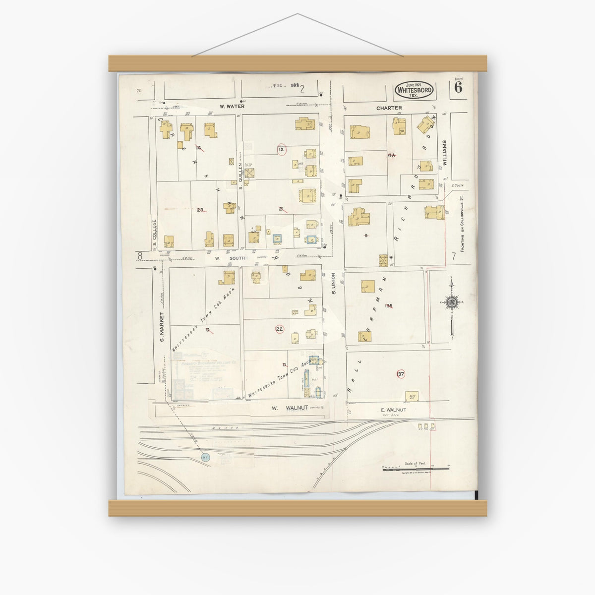 Old map wall art mockup — magnetic wood frame on white wall — Sanborn Fire Insurance Map from Whitesboro, Grayson County, Texas (1943), Sheet #0006