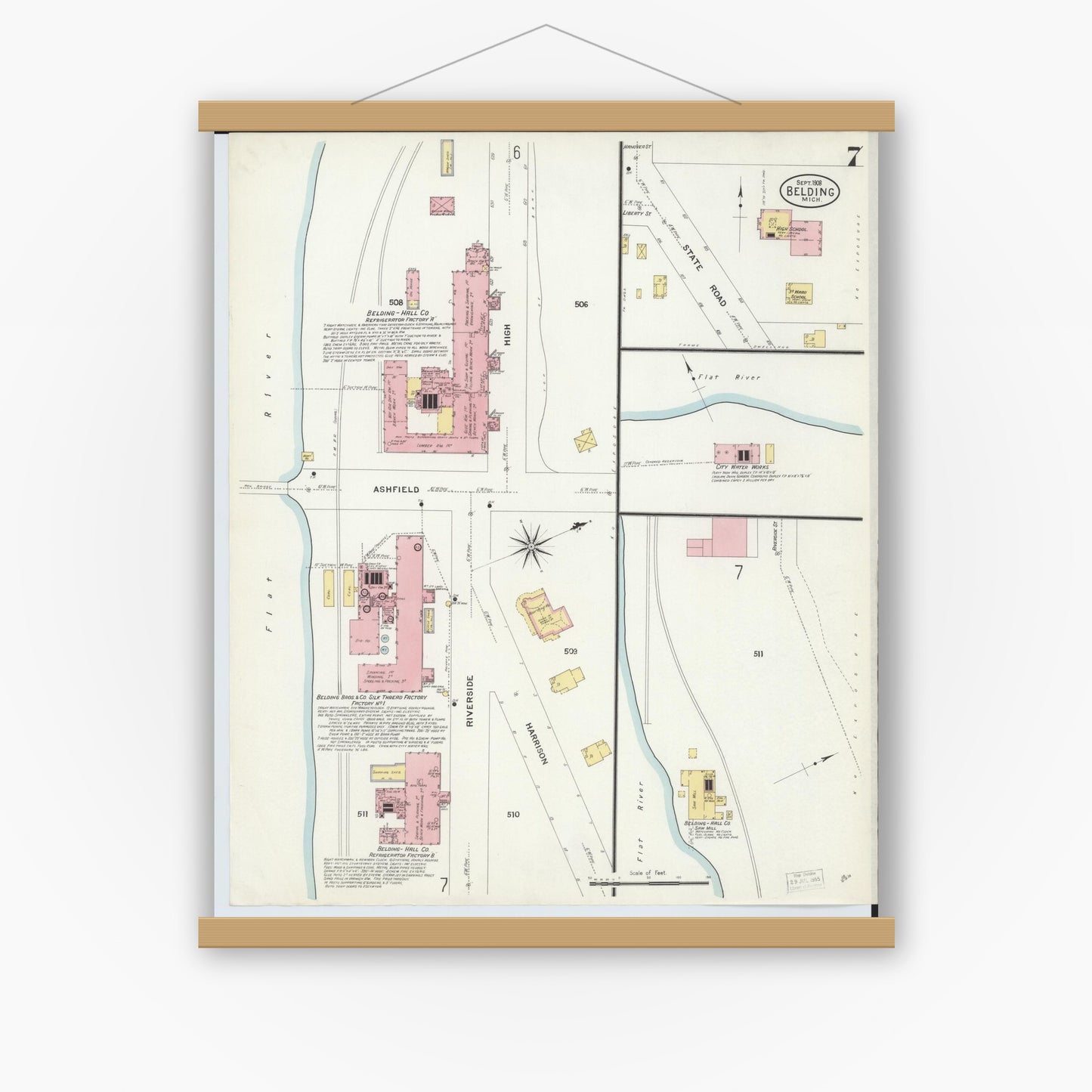 Old map wall art mockup — magnetic wood frame on white wall — Sanborn Fire Insurance Map from Belding, Ionia County, Michigan (1908), Sheet #0007