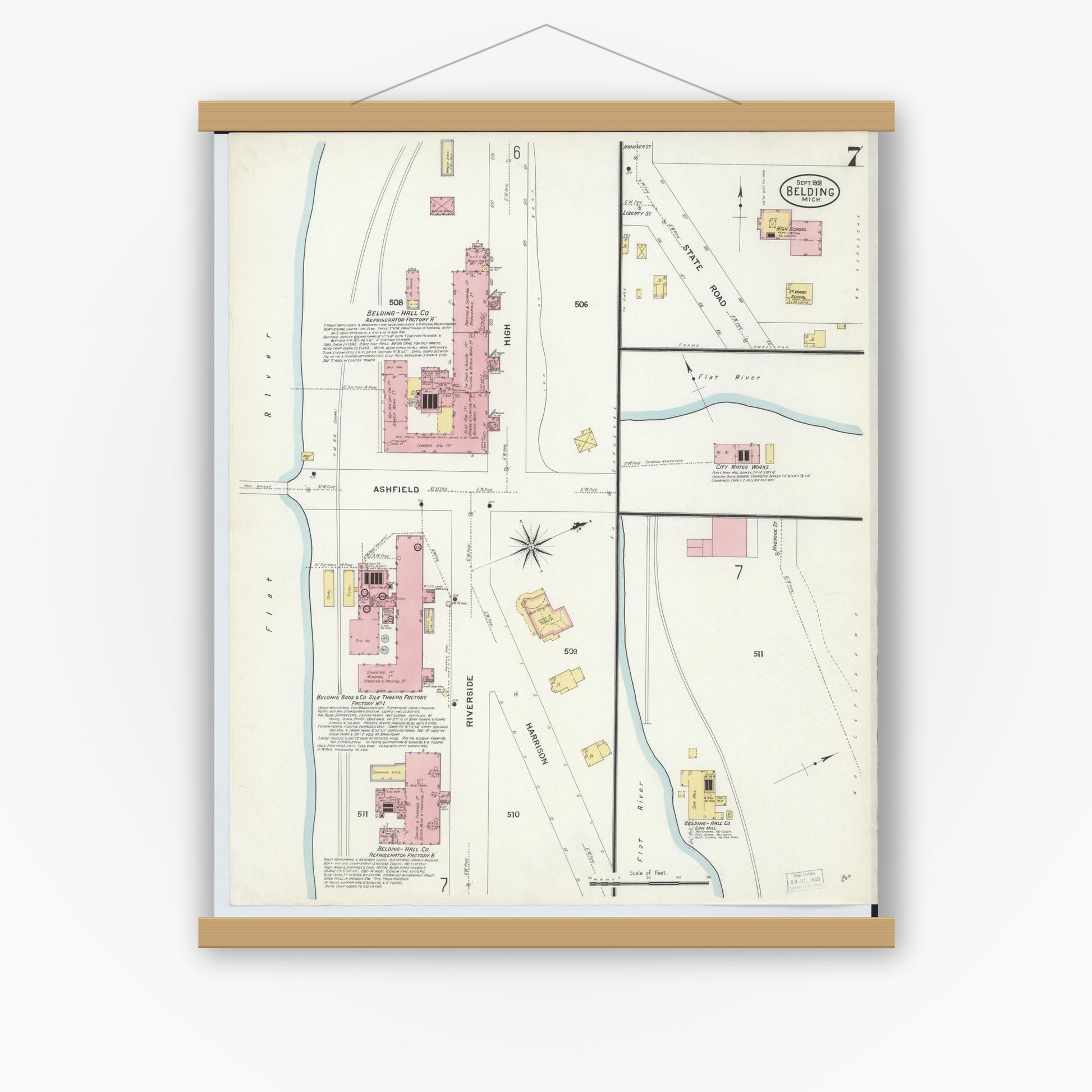 Old map wall art mockup — magnetic wood frame on white wall — Sanborn Fire Insurance Map from Belding, Ionia County, Michigan (1908), Sheet #0007
