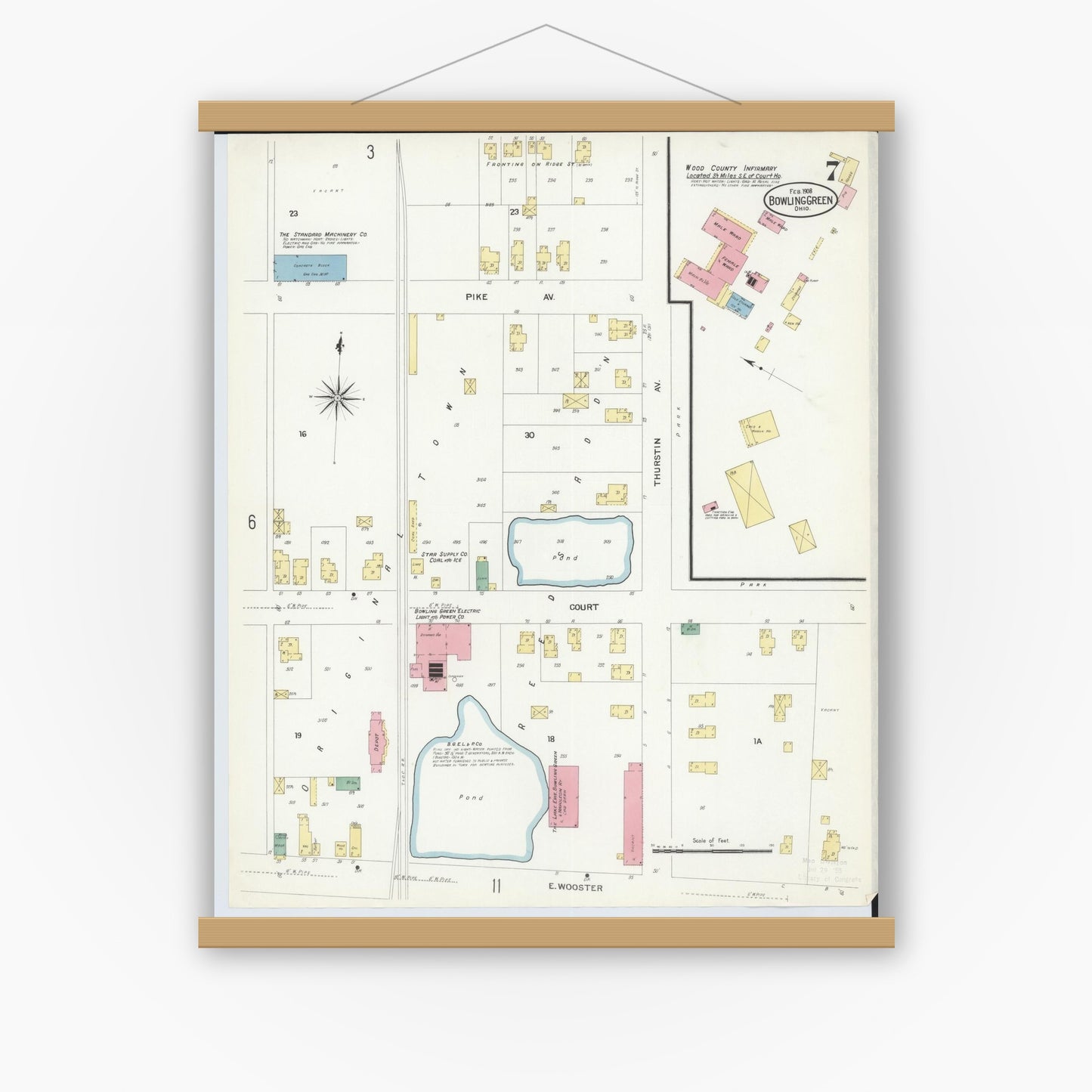 Old map wall art mockup — magnetic wood frame on white wall — Sanborn Fire Insurance Map from Bowling Green, Wood County, Ohio (1908), Sheet #0007