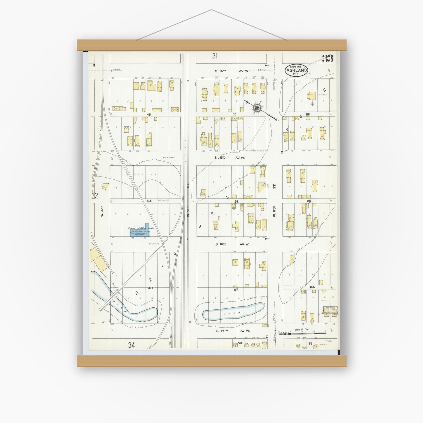 Old map wall art mockup — magnetic wood frame on white wall — Sanborn Fire Insurance Map from Ashland, Ashland County, Wisconsin (1909), Sheet #0033
